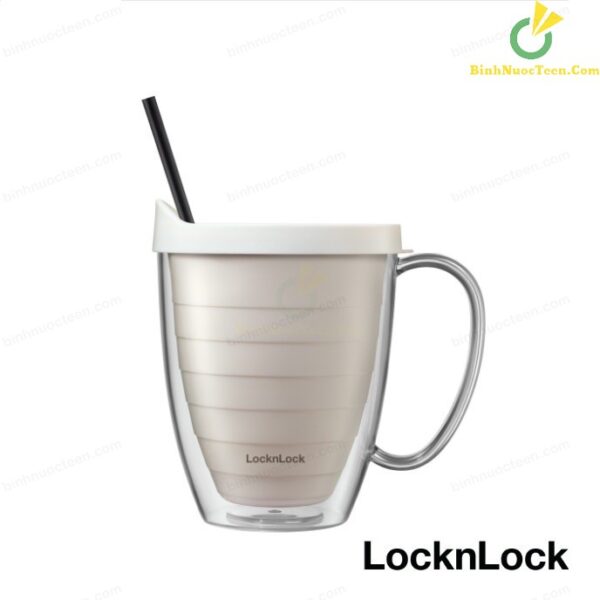 Ly Nhựa 2 Lớp LocknLock 360ml HAP525IVY Kèm Ống Hút Có Quai Cầm