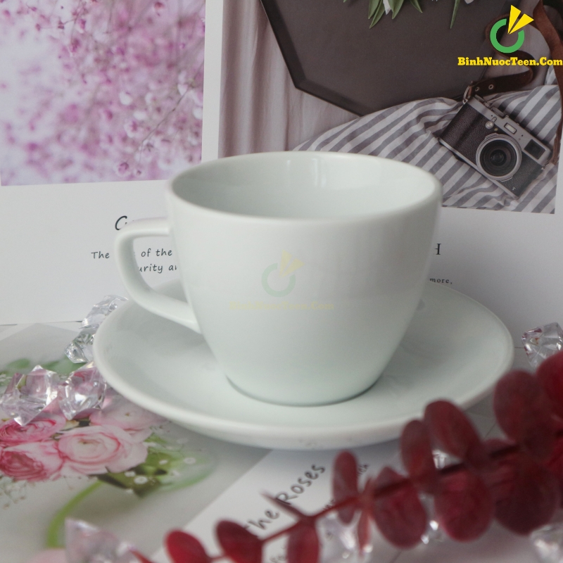 Bộ Ly Sứ Café Trắng Dáng Đức Cappuccino LS117 In Logo Theo Yêu Cầu