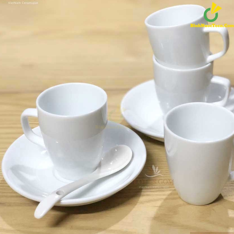 Bộ Ly Sứ Trắng Latte Dáng Đức LS121 In Logo Theo Yêu Cầu