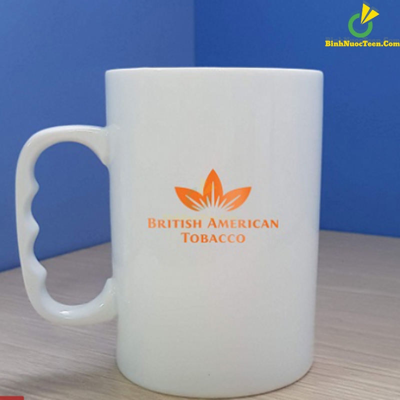 Ly Sứ Bát Tràng Trắng Quai C Tay Nắm LS107 In Logo Theo Yêu Cầu