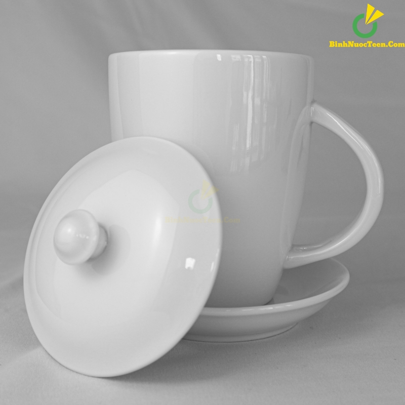 Ly Sứ Bát Tràng Trắng Quai Cầm Liền Thìa Có Nắp Đậy LS131