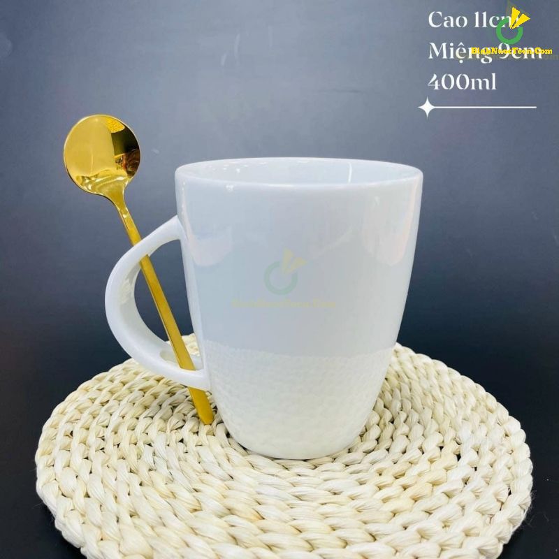 Ly Sứ Bát Tràng Trắng Thóp Quai Thìa LS127 In Logo Theo Yêu Cầu