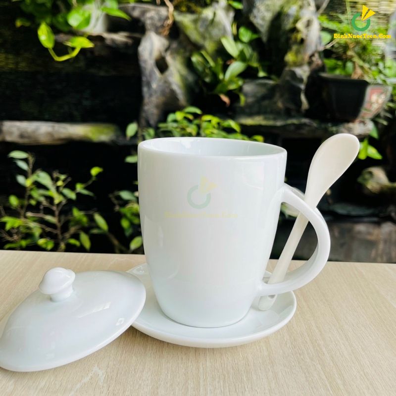 Ly Sứ Bát Tràng Trắng Thóp Quai Thìa LS127 In Logo Theo Yêu Cầu
