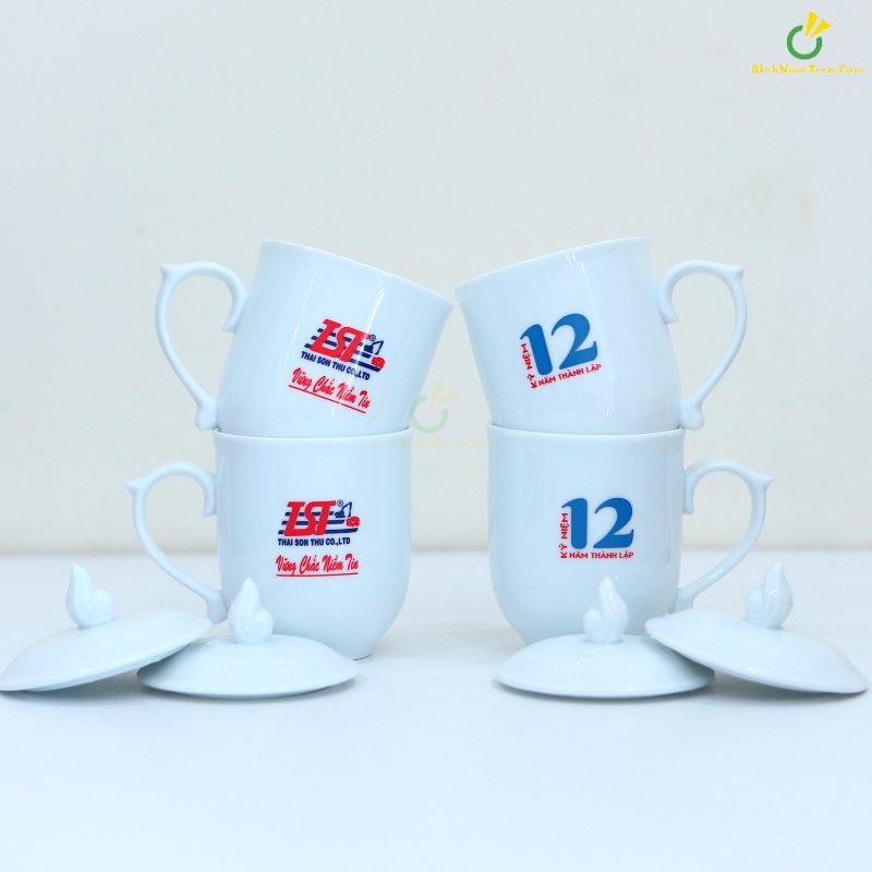 Ly Sứ Bát Tràng Trắng Có Nắp Ngọn Lửa LS102 In Logo