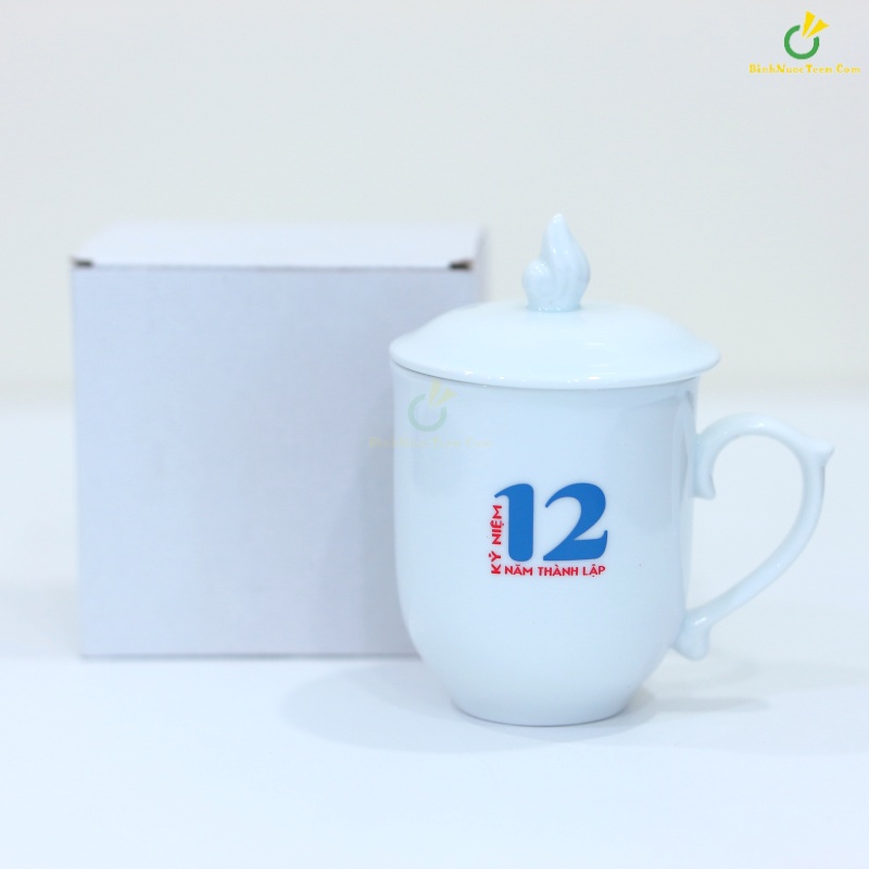 Ly Sứ Bát Tràng Trắng Có Nắp Ngọn Lửa LS102 In Logo