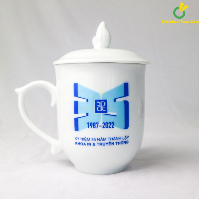Ly Sứ Bát Tràng Trắng Có Nắp Ngọn Lửa LS102 In Logo
