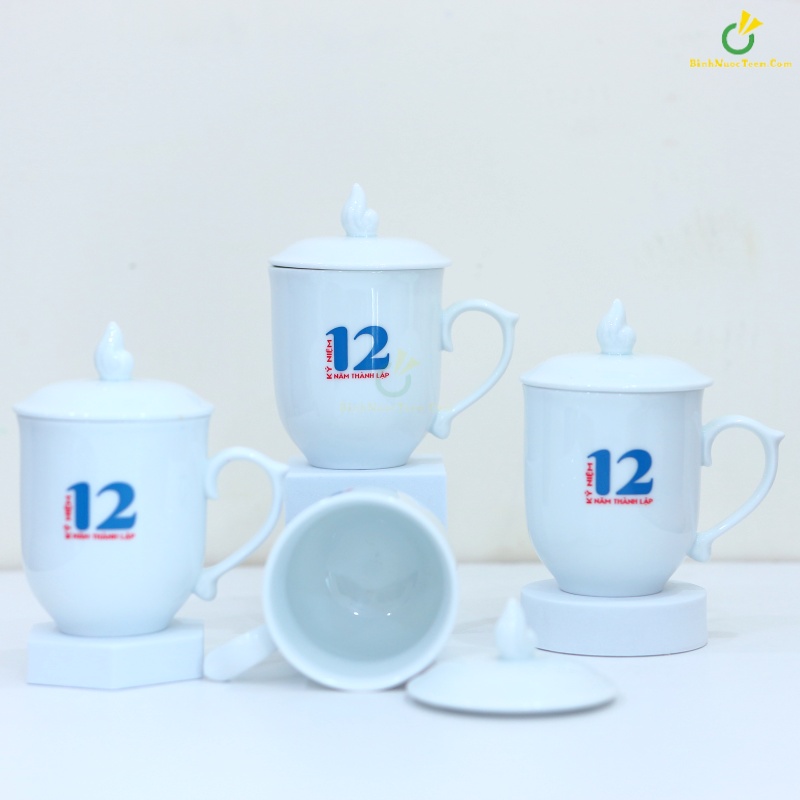 Ly Sứ Bát Tràng Trắng Có Nắp Ngọn Lửa LS102 In Logo