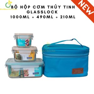 Bộ Hộp Cơm Thủy Tinh Glasslock 1000ml + 490ml + 210ml HCD-12 Kèm Túi Giữ Nhiệt 1