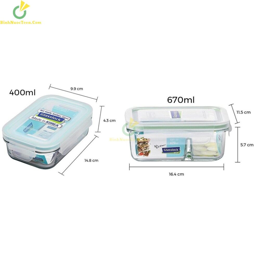 Bộ Hộp Cơm Thủy Tinh Glasslock 400ml*2 + 670ml Chia Ngăn LUNCH 40×2-67K 7