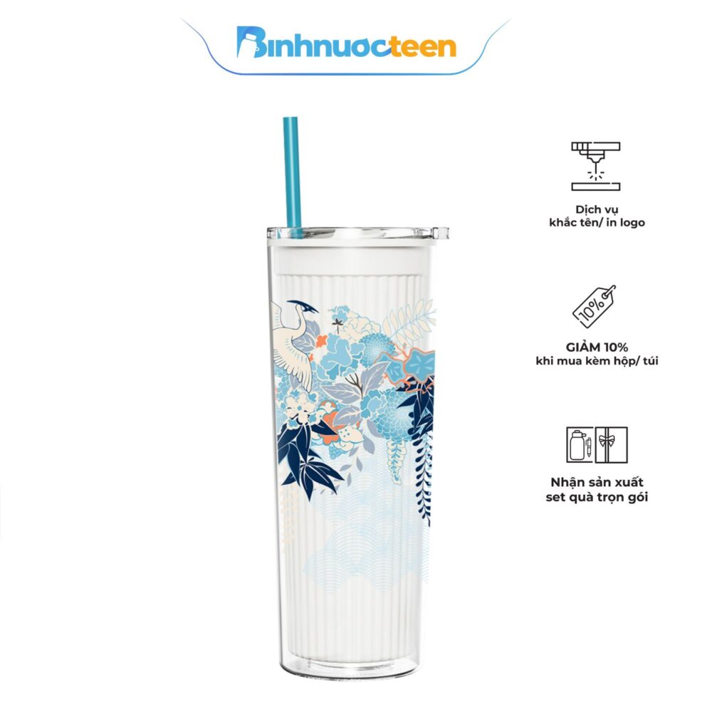 Ly 2 Lớp La Fonte Họa Tiết Sắc Hoa Lam Kèm Ống Hút 700ML-015646 - Binhnuocteen.com
