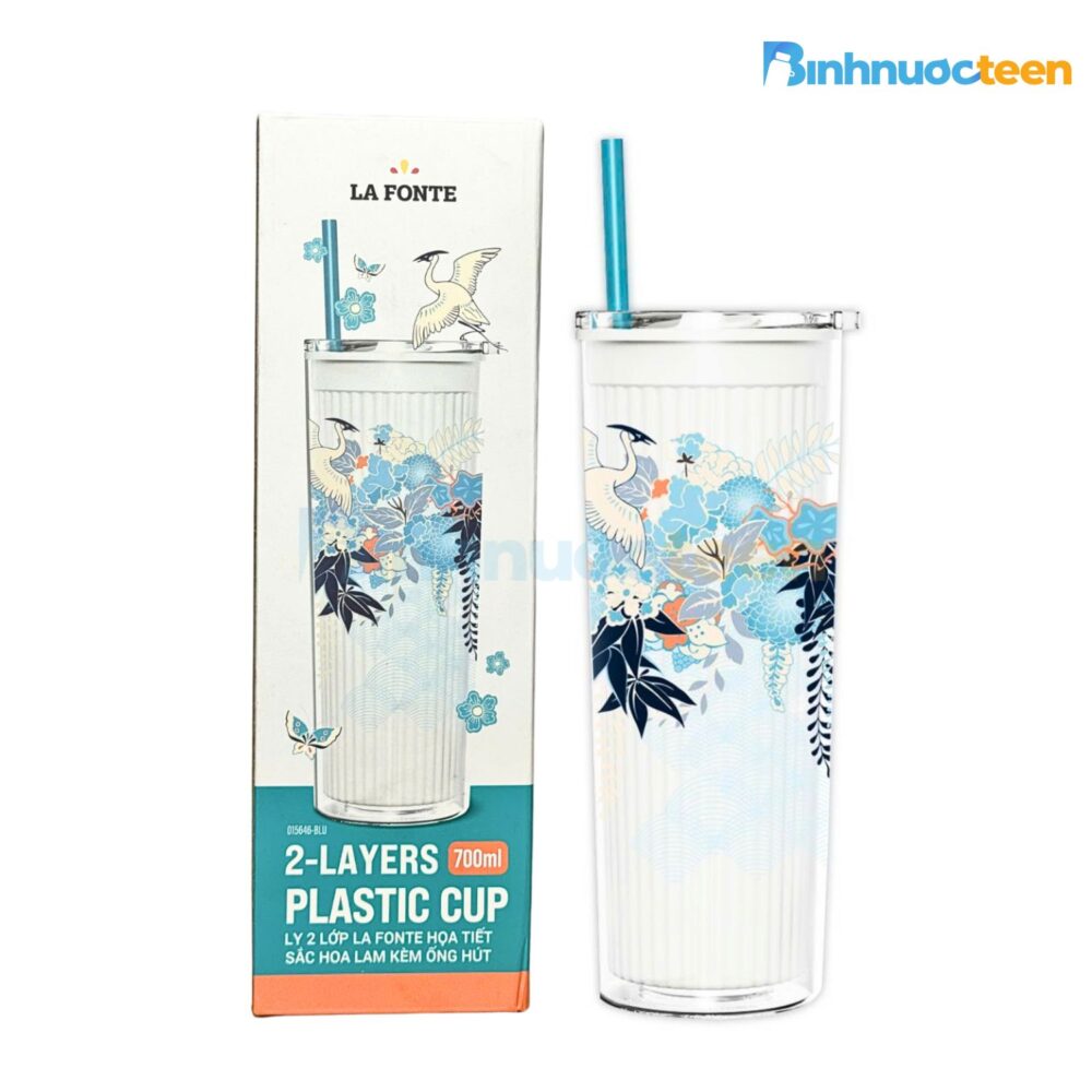 Ly 2 Lớp La Fonte Họa Tiết Sắc Hoa Lam Kèm Ống Hút 700ML-015646 - Binhnuocteen.com