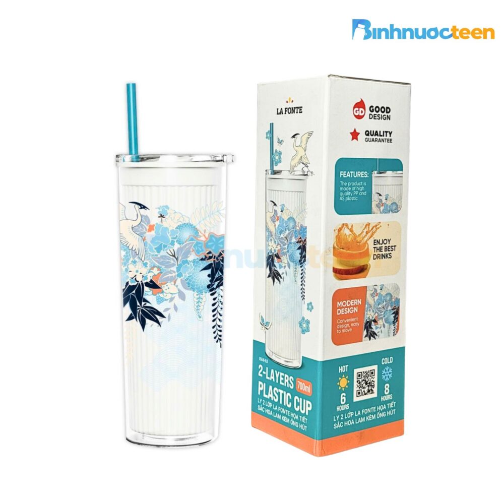 Ly 2 Lớp La Fonte Họa Tiết Sắc Hoa Lam Kèm Ống Hút 700ML-015646 - Binhnuocteen.com