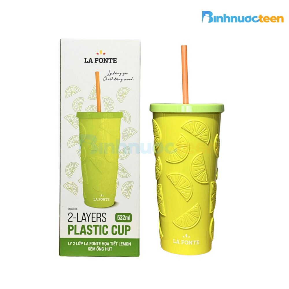 Ly 2 Lớp La Fonte Họa Tiết Lemon Kèm Ống hút-532ML-015653 - Binhnuocteen.com