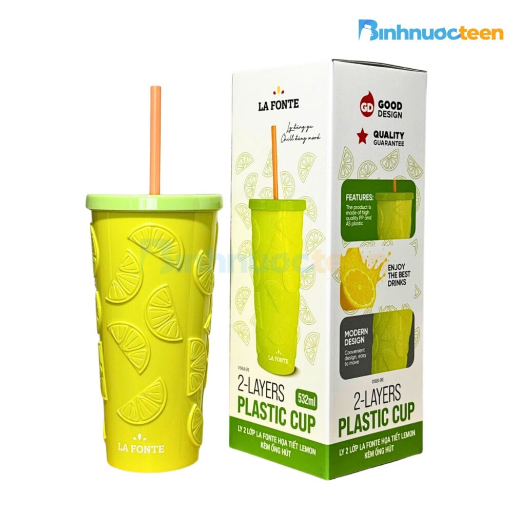 Ly 2 Lớp La Fonte Họa Tiết Lemon Kèm Ống hút-532ML-015653 - Binhnuocteen.com