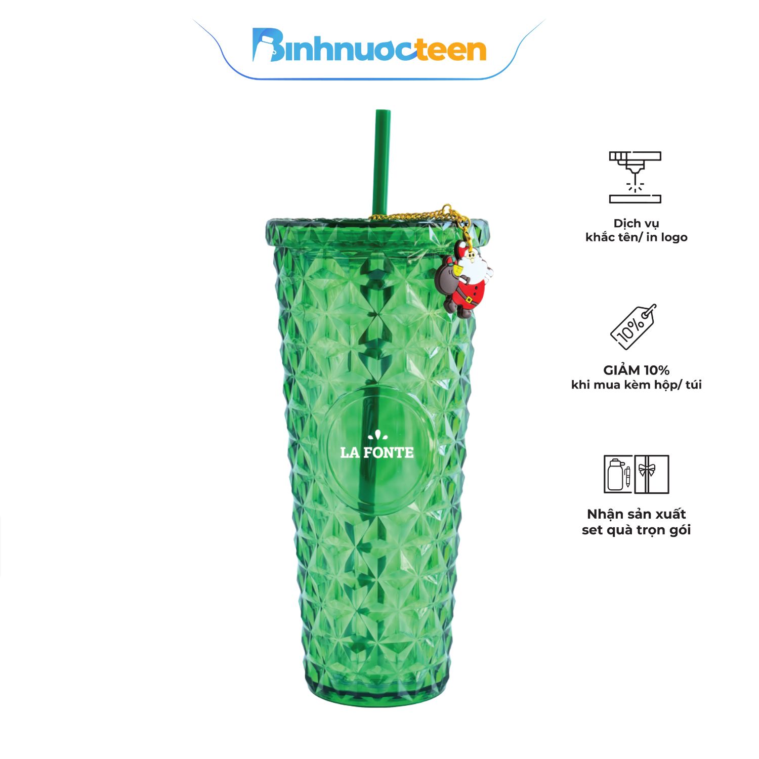Ly Nhựa 2 lớp La Fonte Vân Pha Lê Kèm Charm Santa-800ML-015691 - Binhnuocteen.com