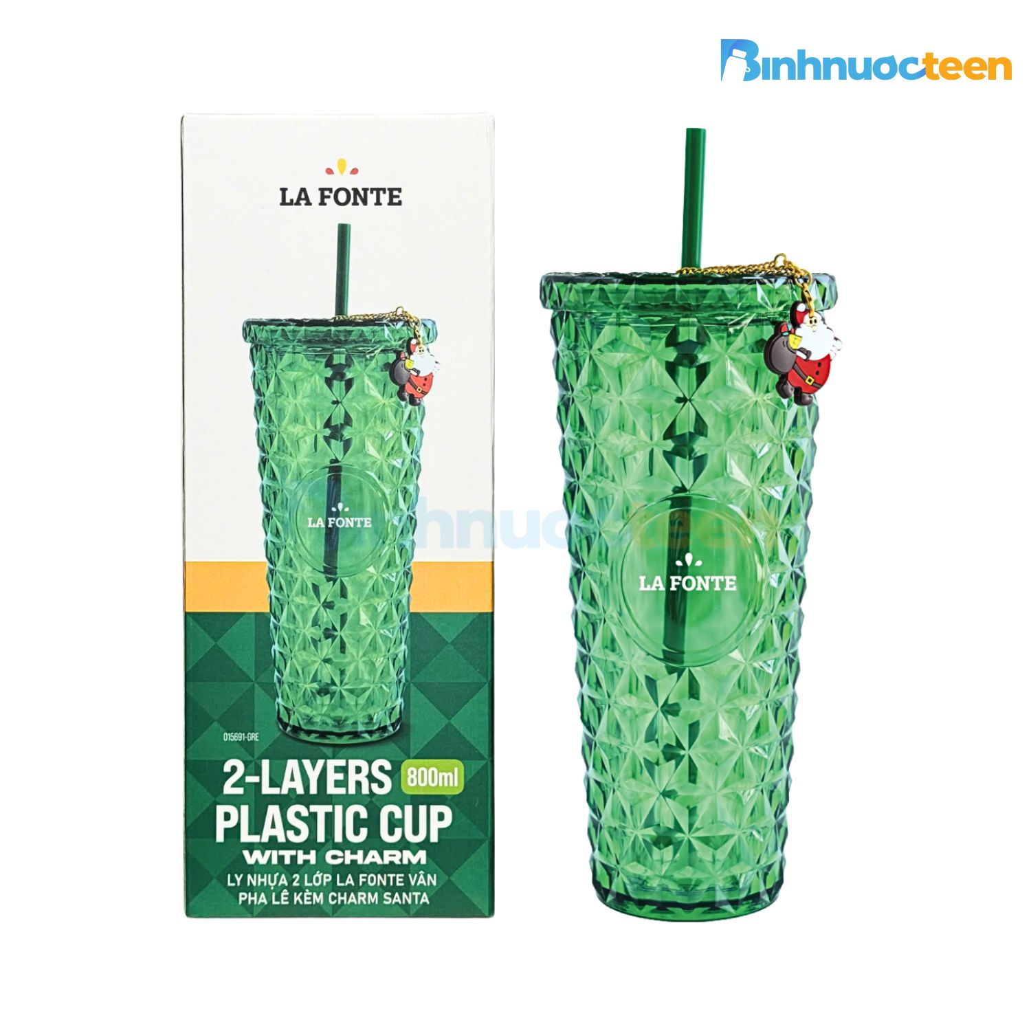 Ly Nhựa 2 lớp La Fonte Vân Pha Lê Kèm Charm Santa-800ML-015691 - Binhnuocteen.com