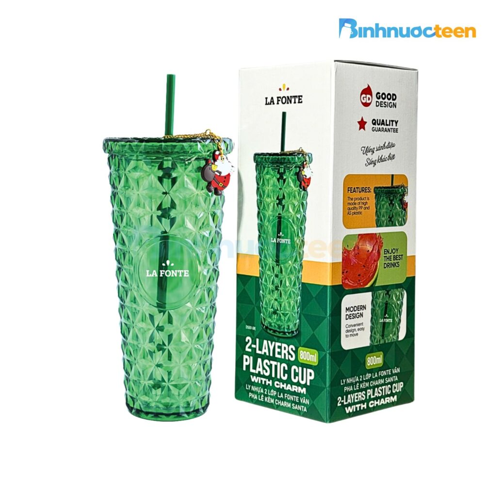 Ly Nhựa 2 lớp La Fonte Vân Pha Lê Kèm Charm Santa-800ML-015691 - Binhnuocteen.com