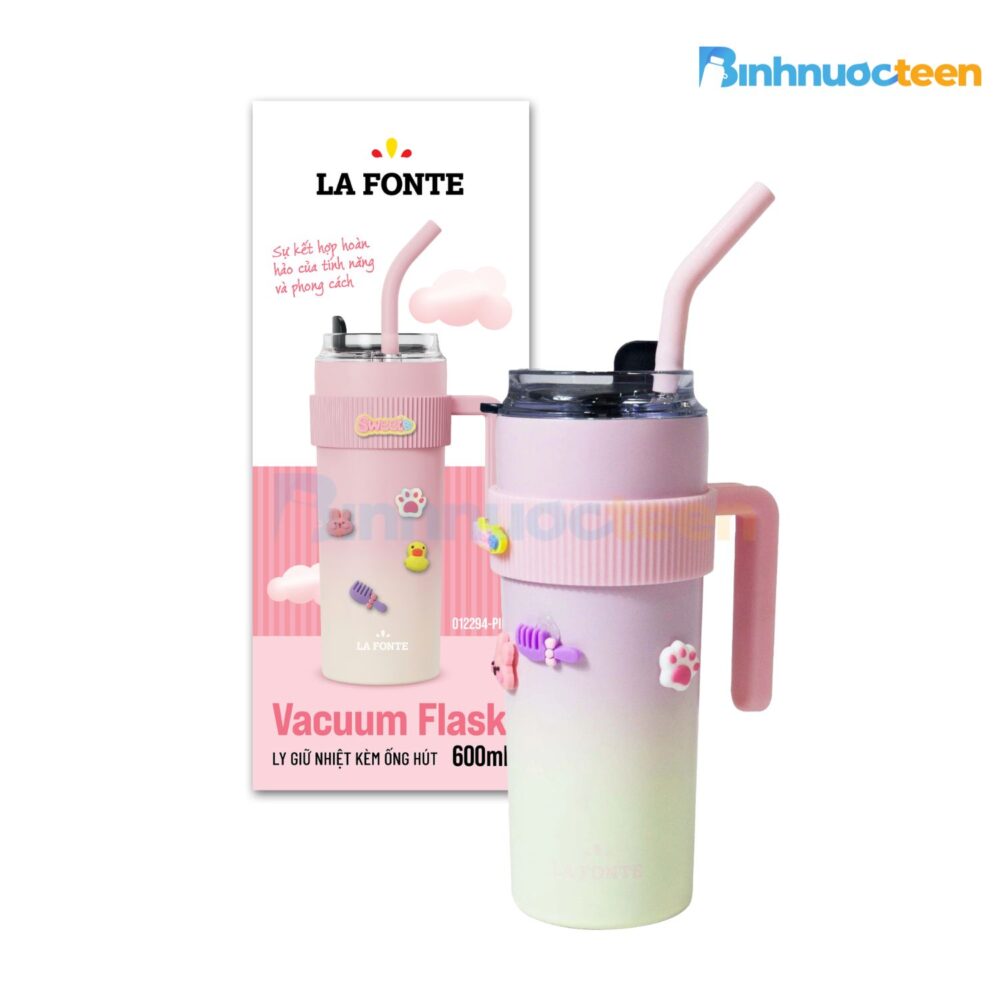 Ly giữ nhiệt La Fonte sticker 600ml kèm ống hút 012294 - Binhnuocteen.com