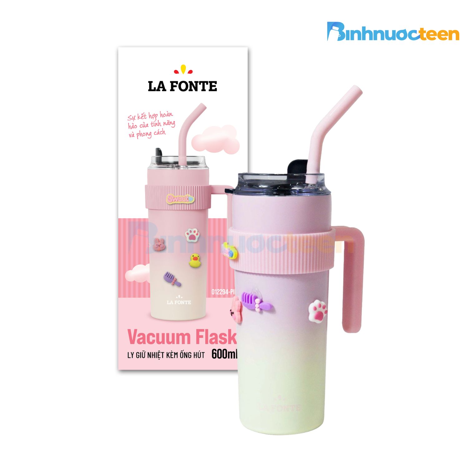 Ly giữ nhiệt La Fonte sticker 600ml kèm ống hút 012294 - Binhnuocteen.com