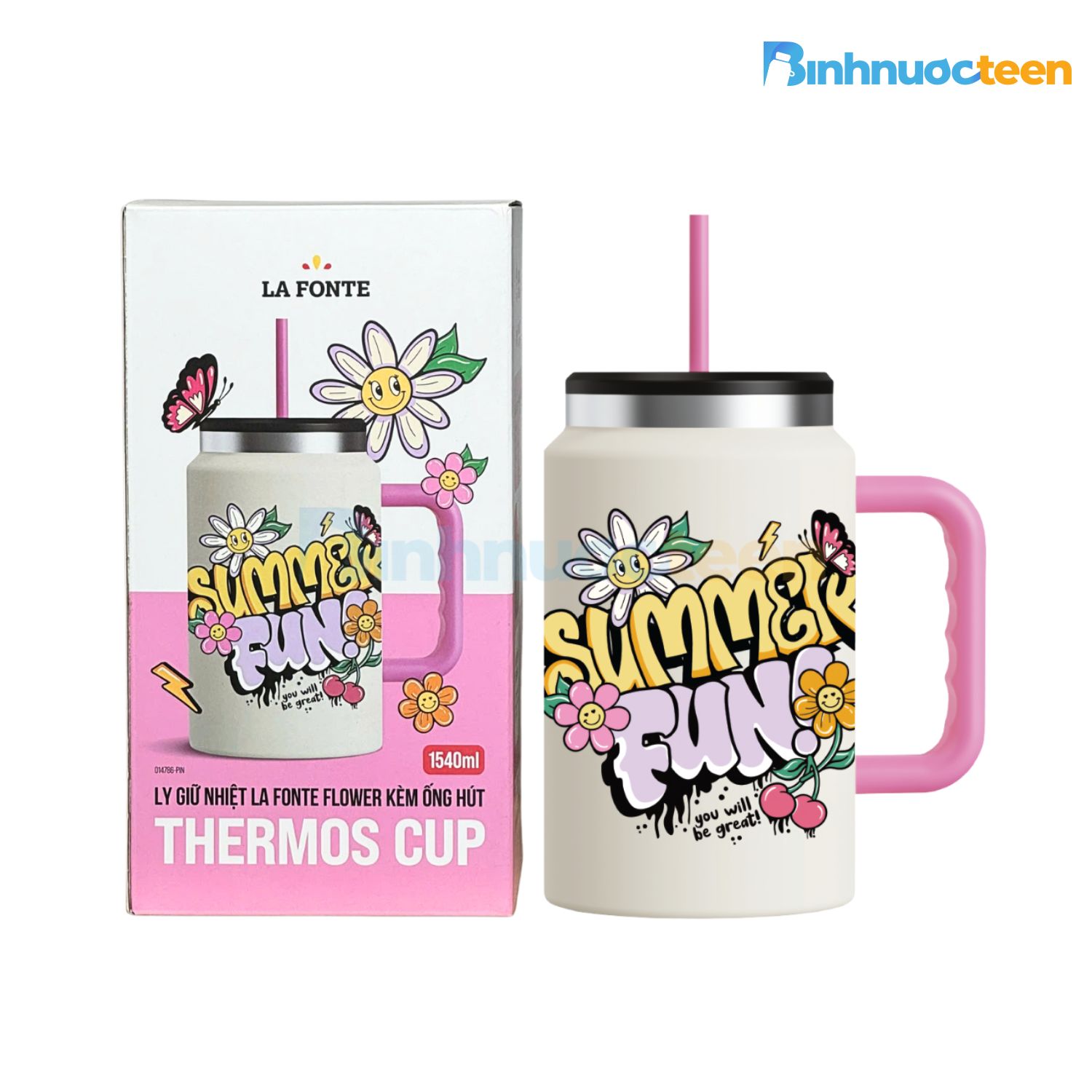 Ly giữ nhiệt La Fonte Flower kèm ống hút 1540ml 014786-PIN - Binhnuocteen.com