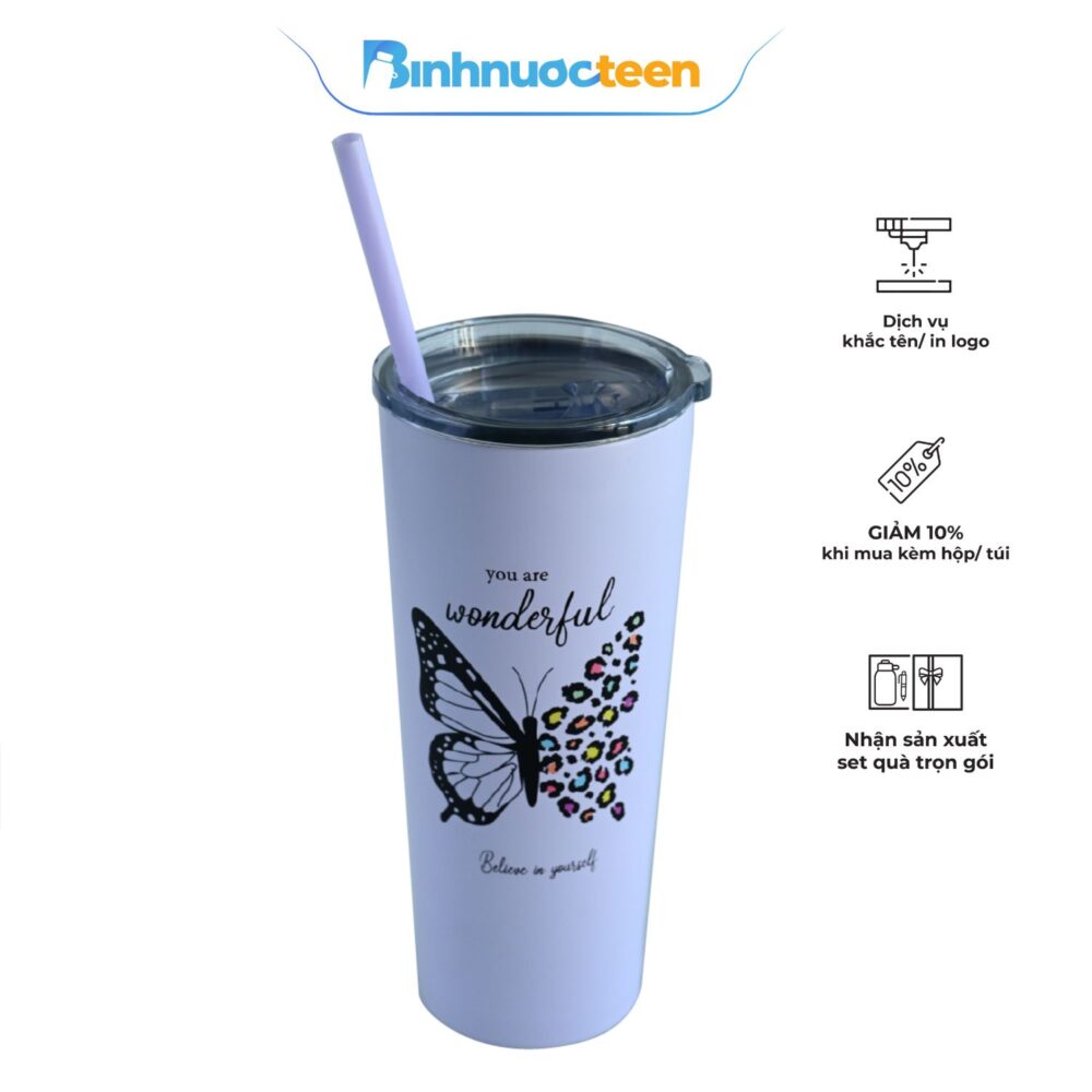 Ly Giữ Nhiệt La Fonte Butterfly Kèm Ống Hút-680 ml-014823-PUR - Binhnuocteen.com
