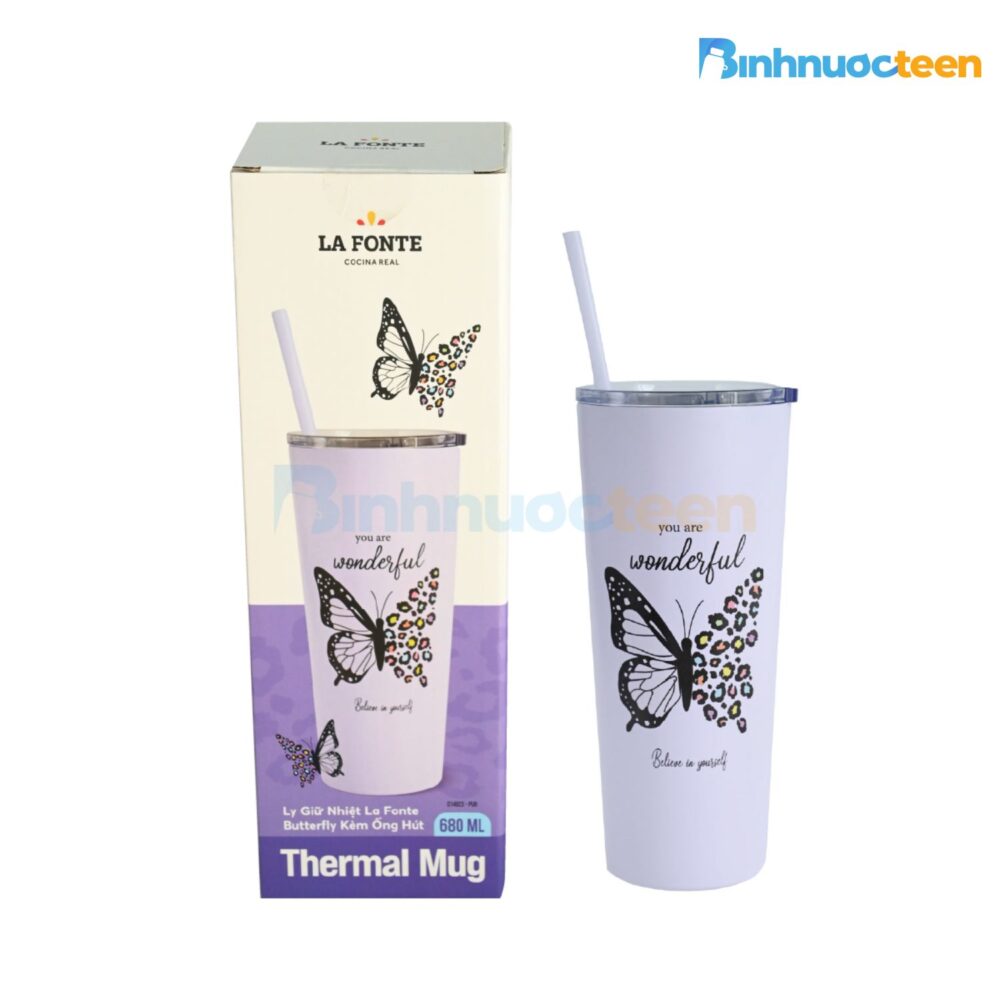 Ly Giữ Nhiệt La Fonte Butterfly Kèm Ống Hút-680 ml-014823-PUR - Binhnuocteen.com